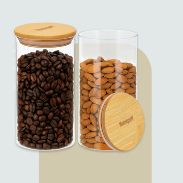 HomePuff borosilicate glass canisters set of 2 (750ml each) with airtight bamboo lids. Durable, BPA-free, wide-mouth glass food jars—perfect pantry storage for coffee, sugar & spices.
